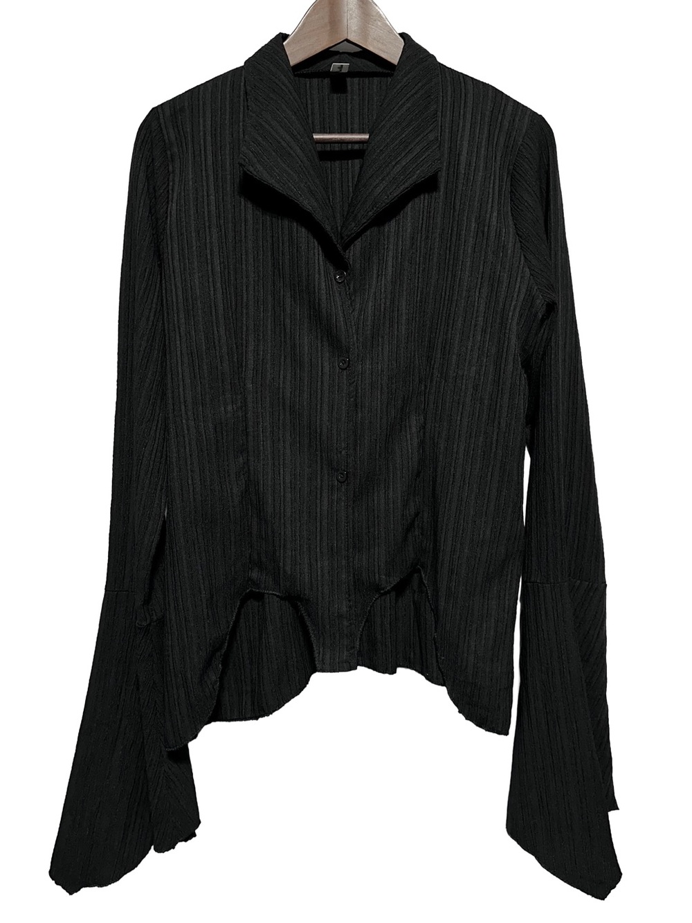 Y2K Whimsigoth Black Ribbed Trumpet Bell Sleeve Asymmetrical Fairy Grunge Top L